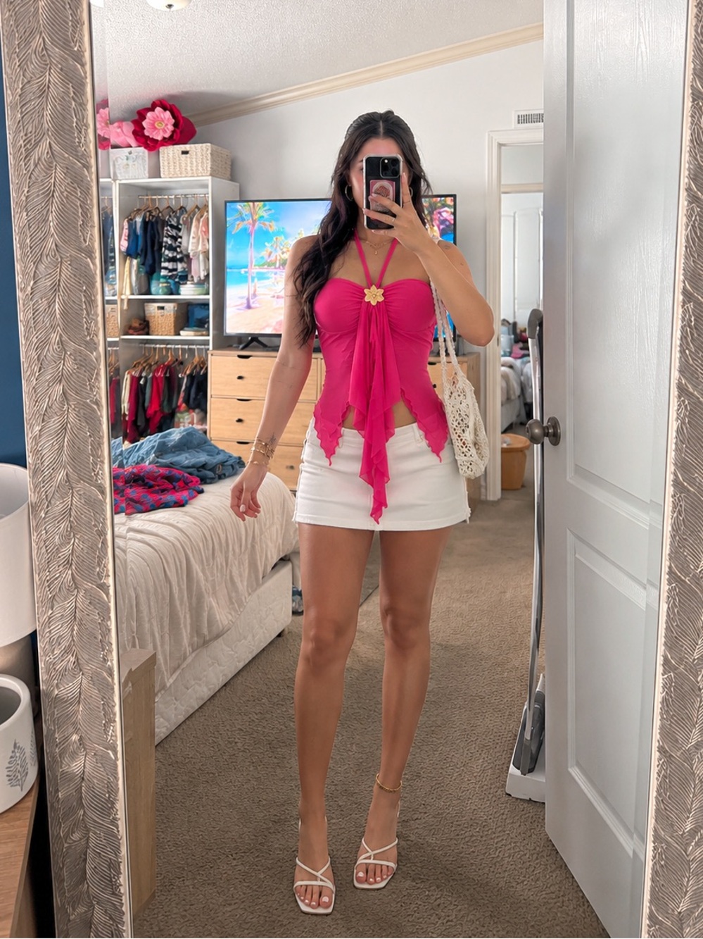Bright Pink Halter Top with Gold Flower Accent